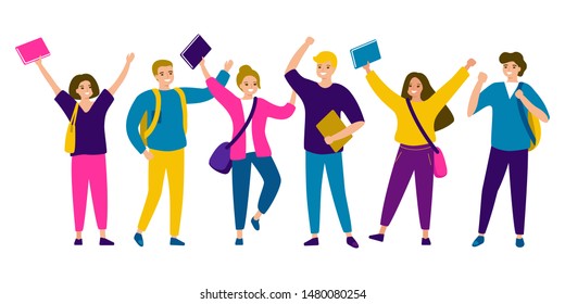 Happy group of students, flat style. Young people men and women with backpacks and books . Vector illustration on white background