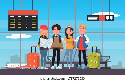 Happy group of teen traveler at the airport. Vector illustration in a flat style