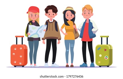 Happy group of teen traveler .Vector illustration cartoon character.