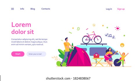 Happy group of tourists camping on nature isolated flat vector illustration. Cartoon friends with kids sitting near bonfire and trailer. Tourism, summer vacation and activity concept