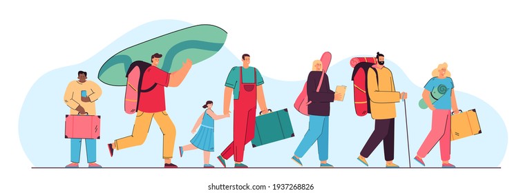 Happy group of tourists walking with suitcases isolated flat vector illustration. Cartoon characters with bags in airport line going to trip. Journey, travel and vacation concept