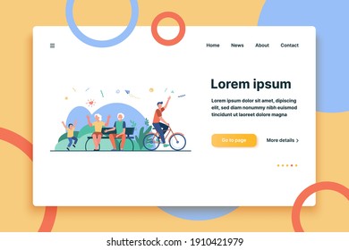 Happy group of various people in park isolated flat vector illustration. Cartoon different character walking with dog, playing, sitting and biking. Summer and leisure concept