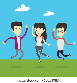 Happy group of young asian friends jumping in the park. Group of cheerful friends having fun and jumping outdoors. Friendship and lifestyle concept. Vector flat design illustration. Square layout.