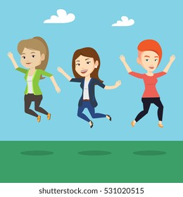 Happy group of young caucasian friends jumping in the park. Group of cheerful friends having fun and jumping outdoors. Friendship and lifestyle concept. Vector flat design illustration. Square layout.