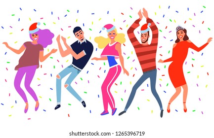 Happy group of young dancing people and female dancers on confetti background, new Year party. Smiling young men and women enjoying dance party. Vector illustration in cartoon style.