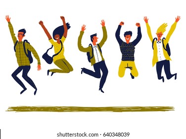 Happy group of young people are jumping and smiling. Creative vector illustration on white background. Young students with backpacks. 