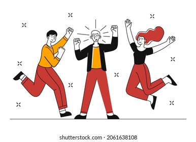 Happy group of young people. Men and women in various poses celebrate successful completion of project. Friends rejoice atachievement. Cartoon flat vector illustration isolated on white background