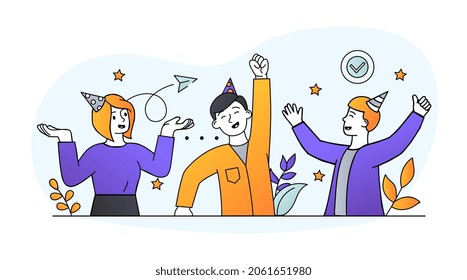 Happy group of young people. Men and women rejoice in victory or success. Employees celebrate launch of project. Characters at corporate party. Cartoon flat vector illustration on white background