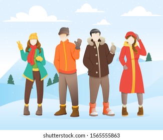 Happy group of young people at winter holiday. Set of cartoon people wearing winter clothes. Happy winter vacation, Warmly dressed people in a snowy place. Seasonal vector illustration