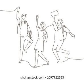 Happy groupmates - one line design style illustration isolated on white background. Composition with students, boys and girls with bags and books jumping with joy, passing their exams