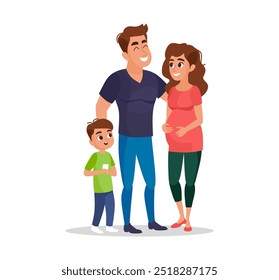 Família em crescimento feliz com mãe grávida, pai e filho. Ilustração de vetor plano perfeita para pais, gravidez, estilo de vida familiar e temas de cuidados maternais ou conteúdo orientado para a família.