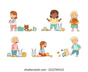 Happy and Grumpy Kids Playing Different Toys in the Nursery or Playroom Vector Set