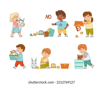 Happy and Grumpy Kids Playing Different Toys in the Nursery or Playroom Vector Set