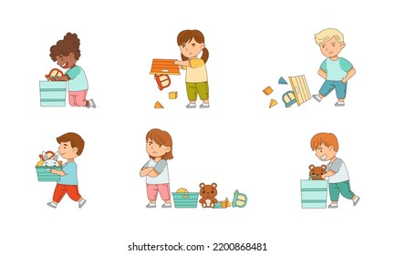 Happy and Grumpy Kids with Toys Playing and Grizzling Vector Set
