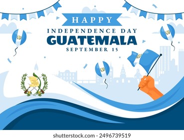 Feliz Ilustración vectorial del Día de la Independencia de Guatemala para el 15 de septiembre con una bandera ondeando y una cinta en un fondo de dibujos animados de estilo plano