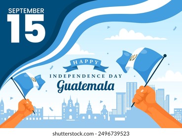 Feliz Ilustración vectorial del Día de la Independencia de Guatemala para el 15 de septiembre con una bandera ondeando y una cinta en un fondo de dibujos animados de estilo plano