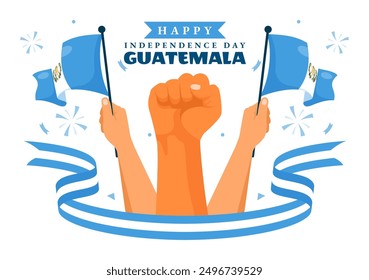 Feliz Ilustración vectorial del Día de la Independencia de Guatemala para el 15 de septiembre con una bandera ondeando y una cinta en un fondo de dibujos animados de estilo plano