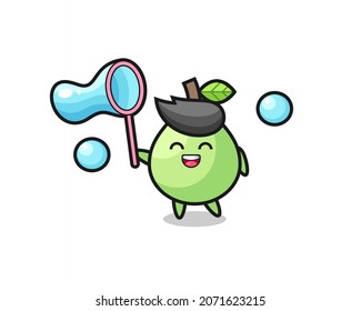 happy guava cartoon playing soap bubble , cute style design for t shirt, sticker, logo element