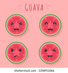 Happy guava fruit with cute kawaii faces, cute vegetable characters with phrases, isolated white - Vector