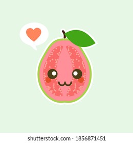 Happy guava fruit with cute kawaii faces, cute vegetable characters with phrases, tropical fruit design isolated color background