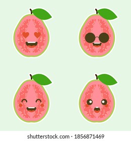 Happy guava fruit with cute kawaii faces, cute vegetable characters with phrases, tropical fruit design isolated color background