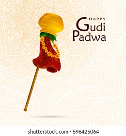 Happy Gudi Padwa celebration, India template, greeting card. Hand drawn elements, vector illiustration. Gold pot, stick, leaves, red fabric with patterns, flowers. Samvatsaradi, Ugadi, Yugadi holiday