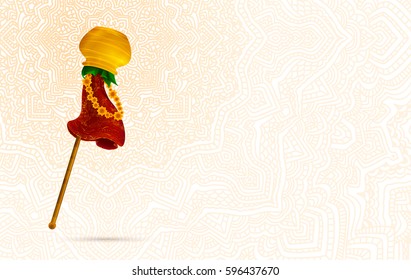 Happy Gudi Padwa celebration, India template, greeting card. Hand drawn elements, vector illustration. Gold pot, stick, leaves, red fabric with patterns, flowers. Samvatsaradi, Ugadi, Yugadi holiday