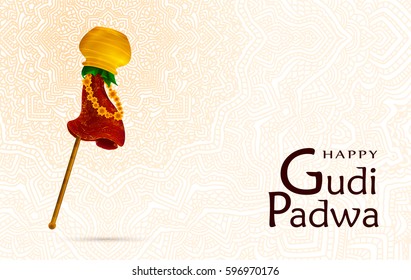 Happy Gudi Padwa celebration, India template, greeting card. Hand drawn elements, vector illustration. Gold pot, stick, leaves, red fabric with patterns, flowers. Samvatsaradi, Ugadi, Yugadi holiday