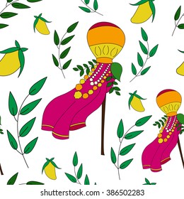 Happy Gudi Padwa colorful vector seamless pattern. Gudi, mango and neem leavesVector illustration for indian New Year. Good for sites, brochures, paper, textile, cards