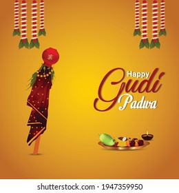 Happy gudi padwa greeting card with realistic kalash and sweets