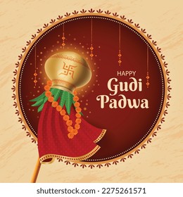 Happy Gudi Padwa Hindu Festival Greeting Card Background. Creative Banner Or Poster of Occasion Gudi Padwa Celebration. Lunar New Year Maharashtra. Promotion and Social media post vector illustration