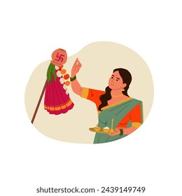 Happy Gudi Padwa, the Hindu New Year celebrating young women's illustration in traditional saree in front of Guddi vector illustration