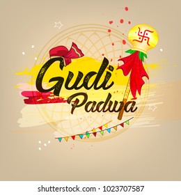 Happy Gudi Padwa, Marathi New Year (Lunar New Year) Festival, Editable Vector Illustration with Vintage Floral frame, Pot and Garland on decorative background.