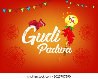 Happy Gudi Padwa, Marathi New Year (Lunar New Year) Festival, Editable Vector Illustration with Vintage Floral frame, Pot and Garland on decorative background.