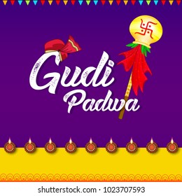 Happy Gudi Padwa, Marathi New Year (Lunar New Year) Festival, Editable Vector Illustration with Vintage Floral frame, Pot and Garland on decorative background.