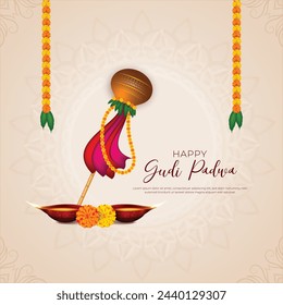 Happy gudi padwa vector festive illustration. Hindu New Year celebration for Marathas and Konkani Gudi Padwa. design graphics for posters, posters, flyers, offers, booklets, cards. another name Ugadi 