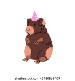 Happy guinea pig in party hat celebrates birthday. Cute skinny cavy rejoices at holiday. Amusing small pet is on anniversary, festive event. Flat isolated vector illustration on white background