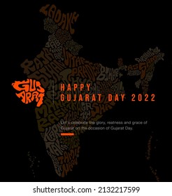 Happy Gujarat Day 2022 Greetings with gujarat map lettering. Indian states and glowing Gujarat map typography.