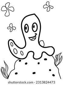 Happy Gurita Squid Octopus Black and White Vector For Coloring