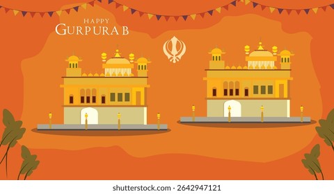 Happy Gurpurab Sikh Festival Vector Banner Illustration Set - Golden Temple and Khanda