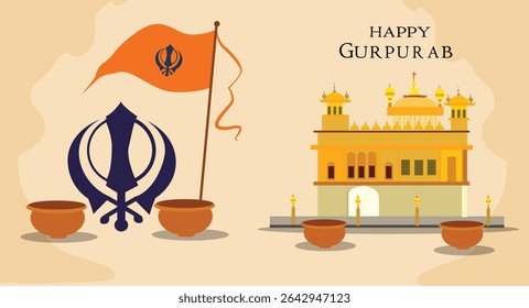 Happy Gurpurab Sikh Festival Vector Banner Illustration Set - Golden Temple and Khanda
