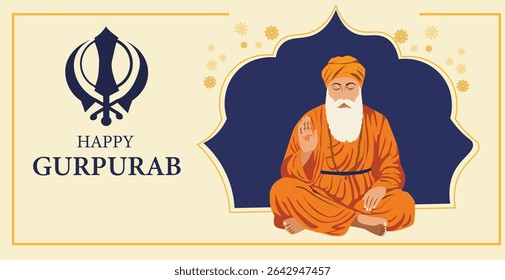 Happy Gurpurab Vector Banner - Golden Temple, Guru Nanak and Sikh Symbols
