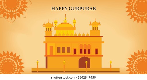 Happy Gurpurab Vector Banner - Golden Temple, Guru Nanak and Sikh Symbols