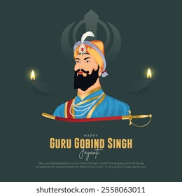 Happy Guru Gobind Singh Jayanti Post and Greeting Card. Birthday Celebration of Sikh Guru and Warrior Guru Gobind Singh Vector Illustration