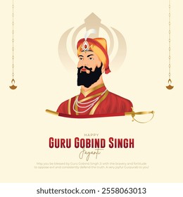 Happy Guru Gobind Singh Jayanti Post and Greeting Card. Birthday Celebration of Sikh Guru and Warrior Guru Gobind Singh Vector Illustration