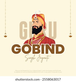 Happy Guru Gobind Singh Jayanti Post and Greeting Card. Birthday Celebration of Sikh Guru and Warrior Guru Gobind Singh Vector Illustration