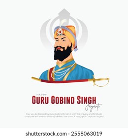 Happy Guru Gobind Singh Jayanti Post and Greeting Card. Birthday Celebration of Sikh Guru and Warrior Guru Gobind Singh Vector Illustration