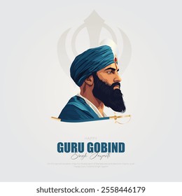 Happy Guru Gobind Singh Jayanti social media Post and Greeting Card. Birthday Celebration of Sikh Guru and Warrior Guru Gobind Singh Vector Illustration.