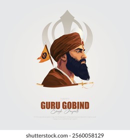 Happy Guru Gobind Singh Jayanti social media Post and Greeting Card. Birthday Celebration of Sikh Guru and Warrior Guru Gobind Singh Vector Illustration.