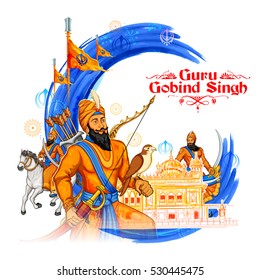 Happy Guru Gobind Singh Jayanti festival for Sikh celebration background with Punjabi text Waheguru ji ka khalsa Waheguruji ki fateh meaning Wonderful Lord's Khalsa, Victory is to the Wonderful Lord